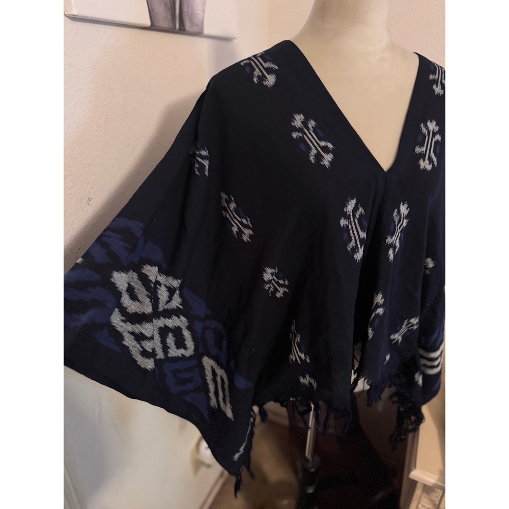 Lombok Indonesia Navy Blue Ikat Print V-Neck Fringed Poncho Top One Size
